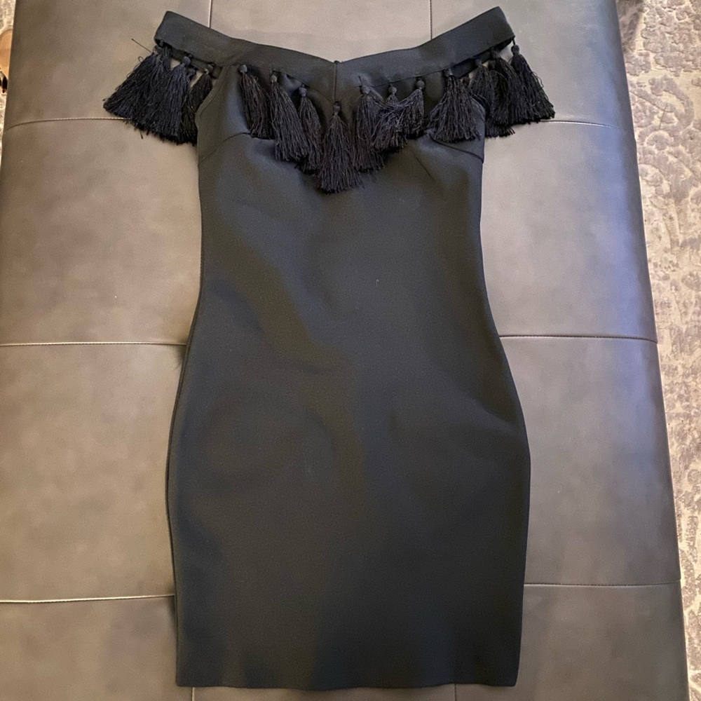 Black mini dress with fringe detail